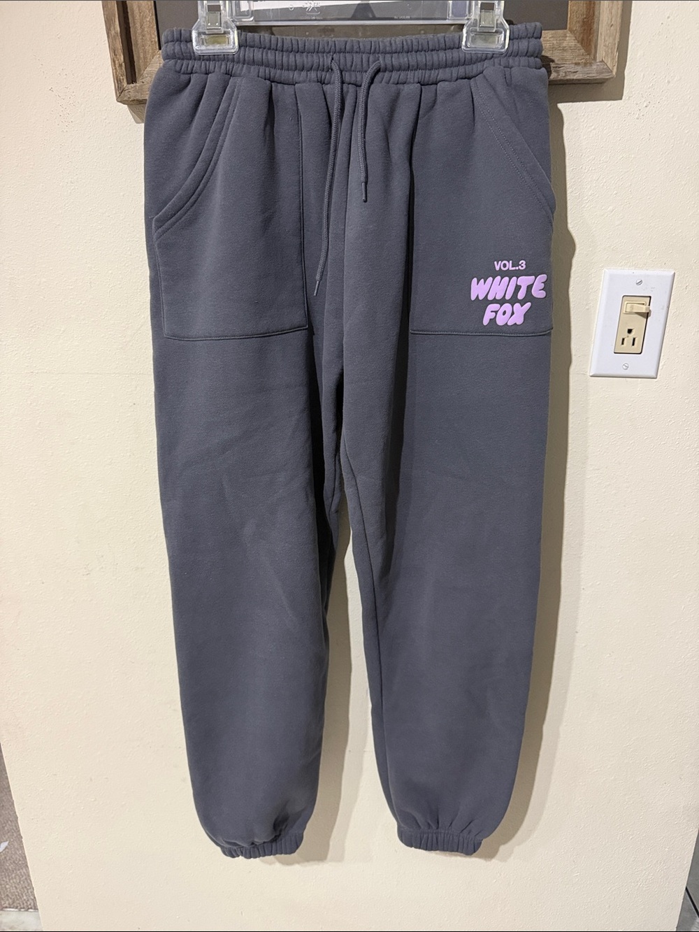 White Fox Boutique Vol. 3 Charcoal Gray Sweatpants Joggers with Pink Logo